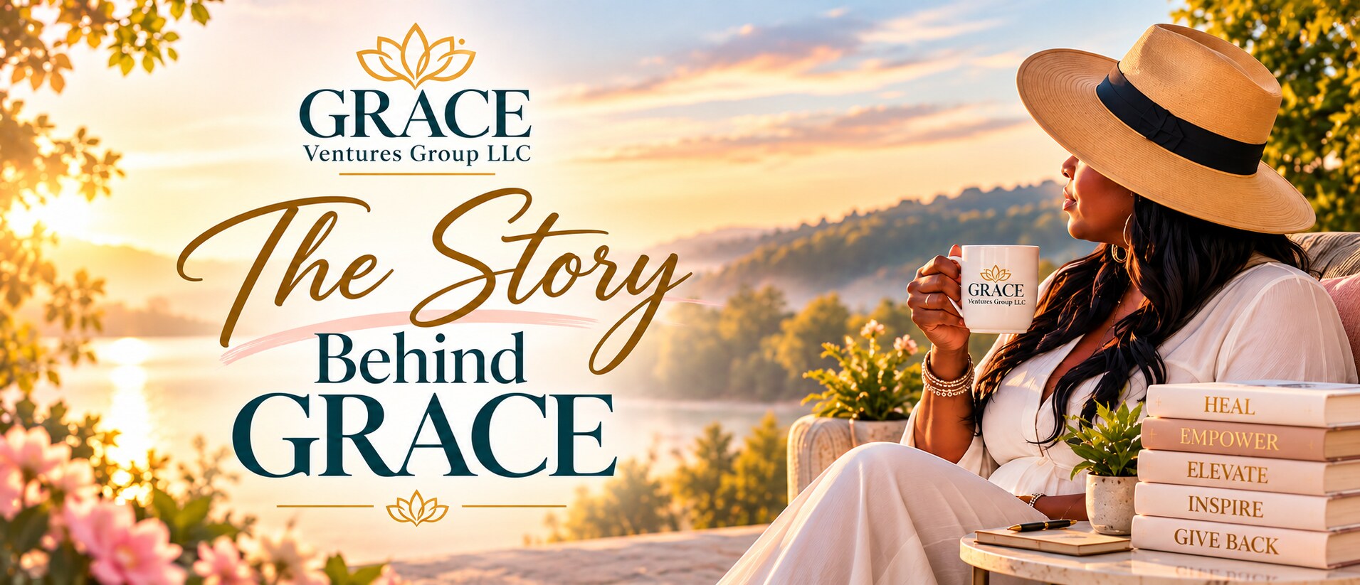 The Story Behind GRACE banner: a woman enjoying a sunrise lakeside view with a GRACE mug